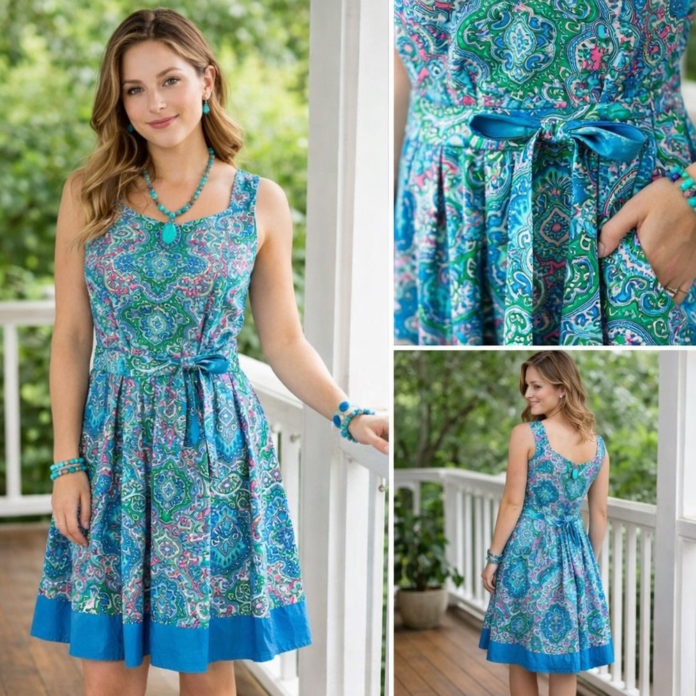 NEW $169 Talbots Blue Paisley Medallion Fit & Flare Sleeveless Dress Size 14P